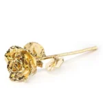 24K Gold-Dipped Rose photographed against white, the open bloom at one end of a long gold stem with two gold leaves