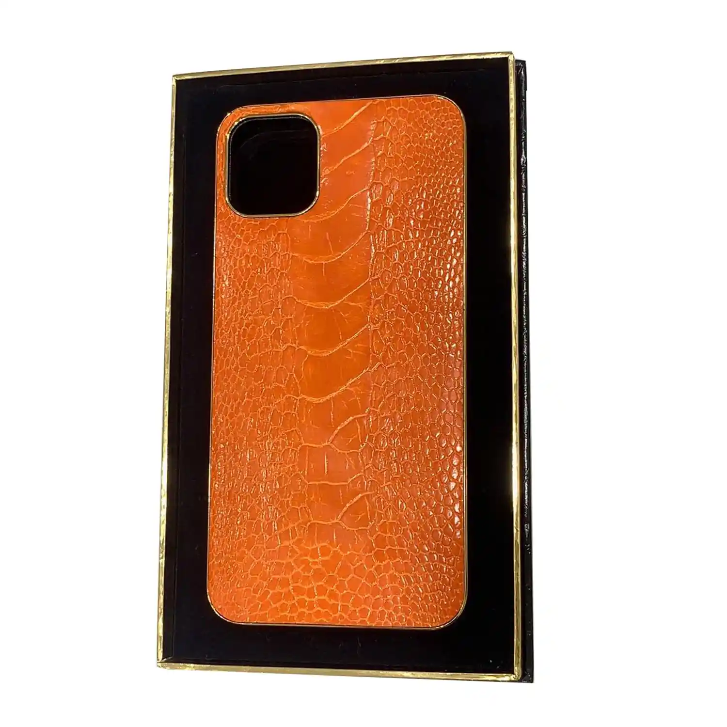New 24K Gold Orange Ostrich Leather iPhone 15 Pro Max case | Leronza 24K Gold Orange Ostrich Leather iPhone case