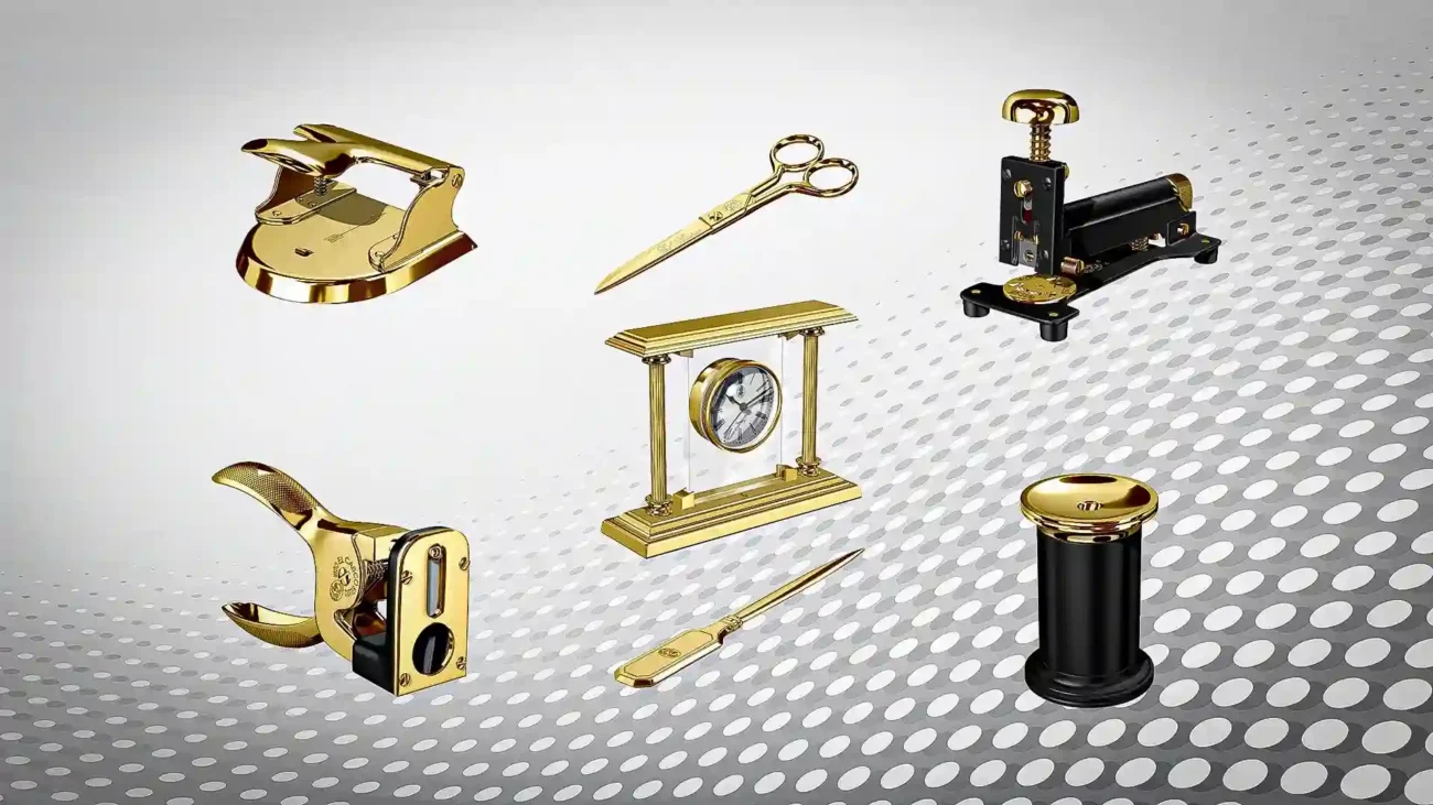 24K gold executive desk collection including a desk clock, scissors and stapler