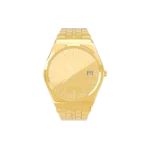 24K Gold Watch LM 2400 by GoldPrivé, front view of the angular case, gold dial and date window
