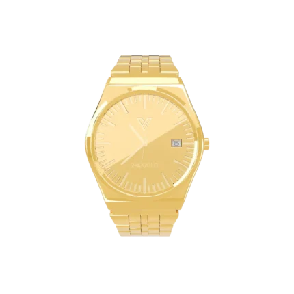 24K Gold Watch LM 2400 by GoldPrivé, front view of the angular case, gold dial and date window