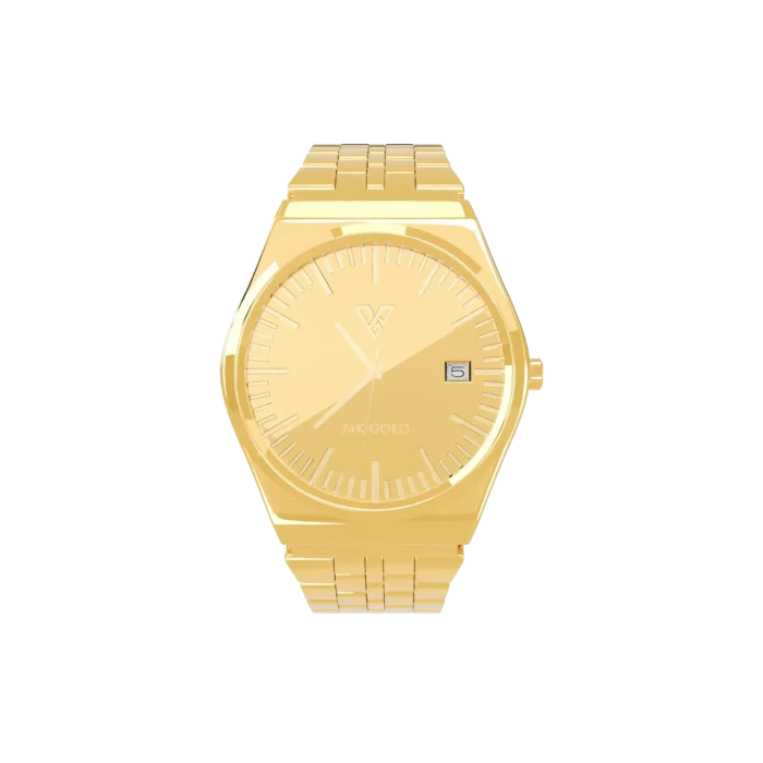 24K Gold Watch LM 2400 by GoldPrivé, front view of the angular case, gold dial and date window