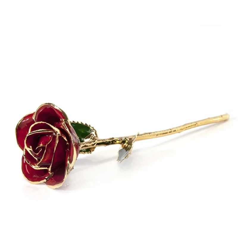 Preserved natural red rose with a 24K gold-dipped stem and leaves