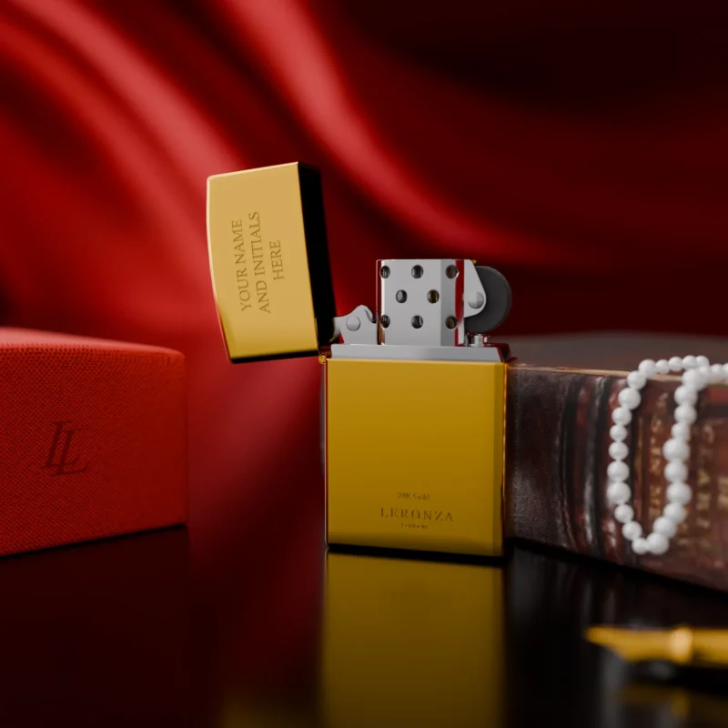 24K gold Zippo lighter on a red fabric background