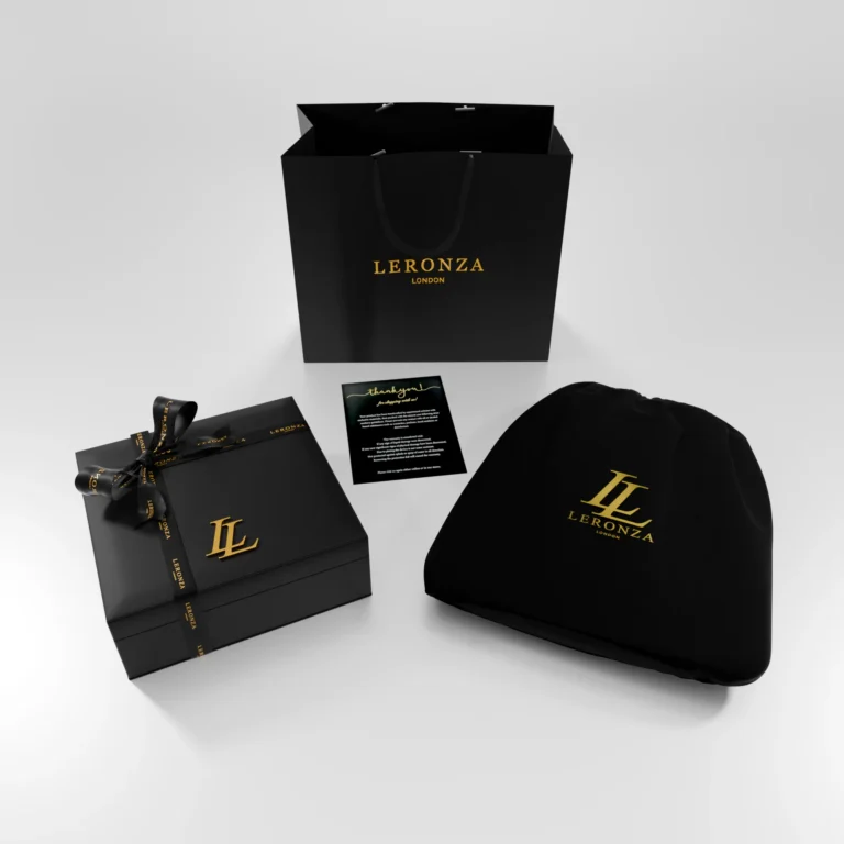 Leronza black presentation packaging with gift bag and certificate