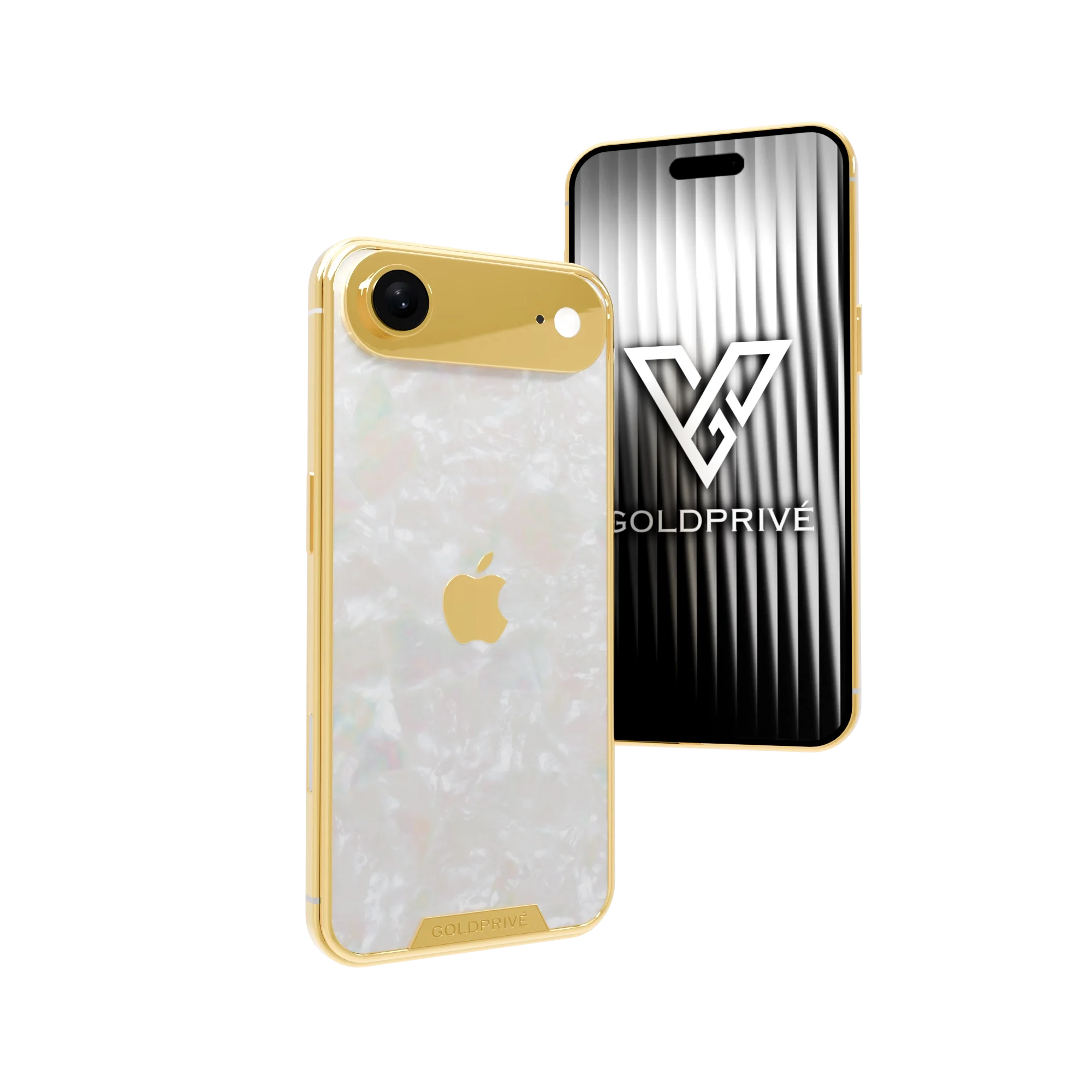 Majesty Gold iPhone Air back and front, mother of pearl across the back with a plated Apple logo and camera plateau