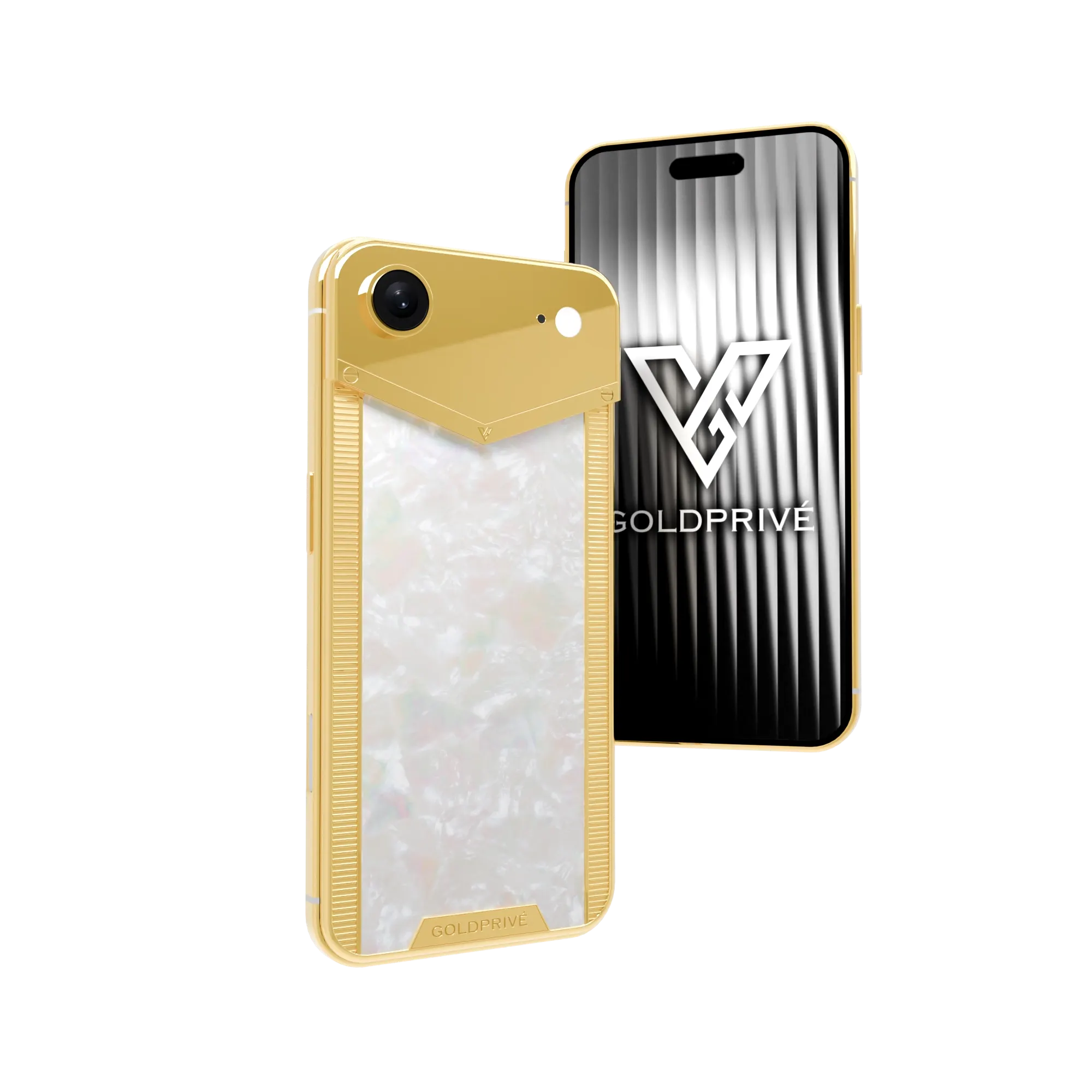 Pearl Noble Gold iPhone Air shown from back and front, ribbed plated rails framing a tall mother of pearl panel