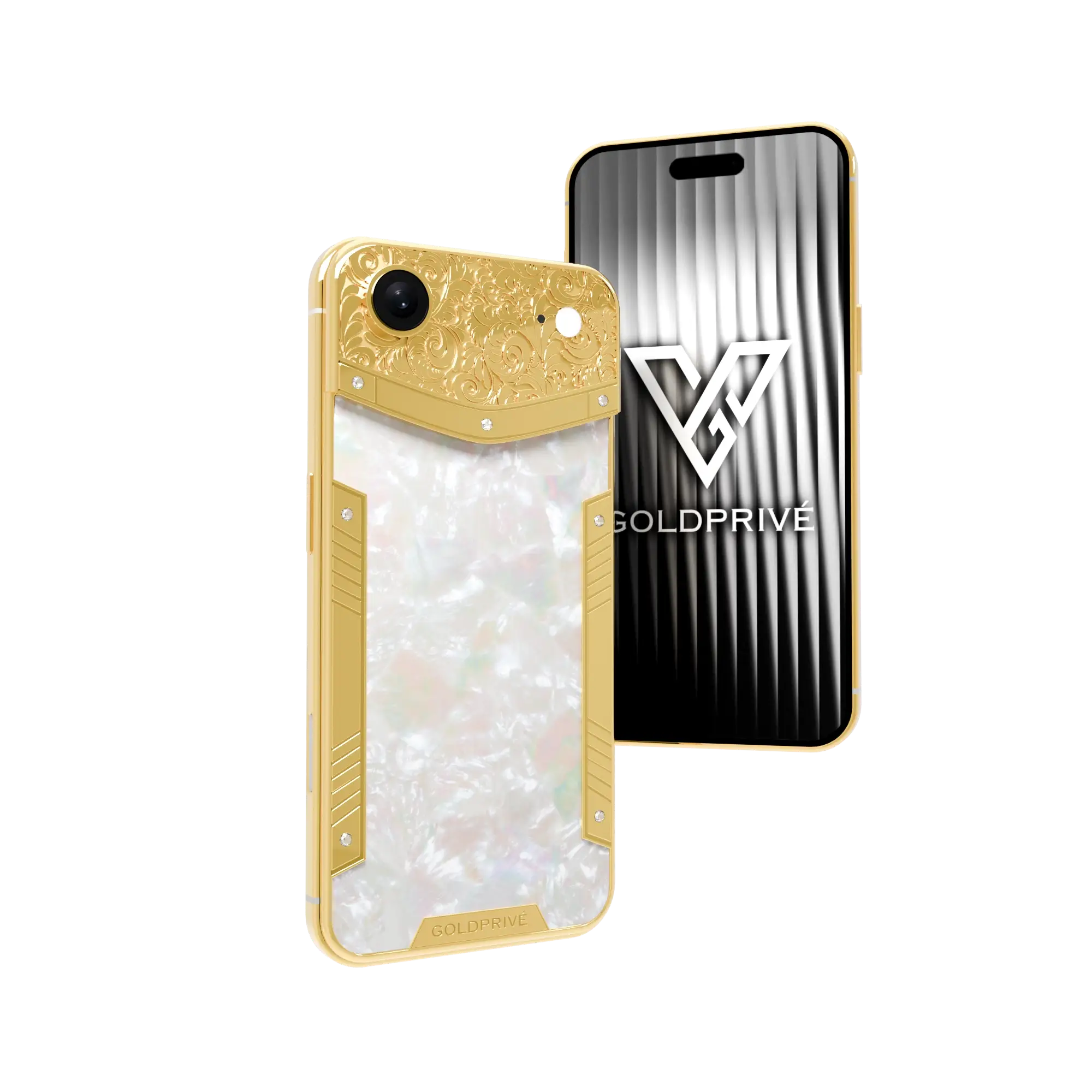 Royale Gold iPhone Air shown back and front, with baroque engraved metal around a mother of pearl panel