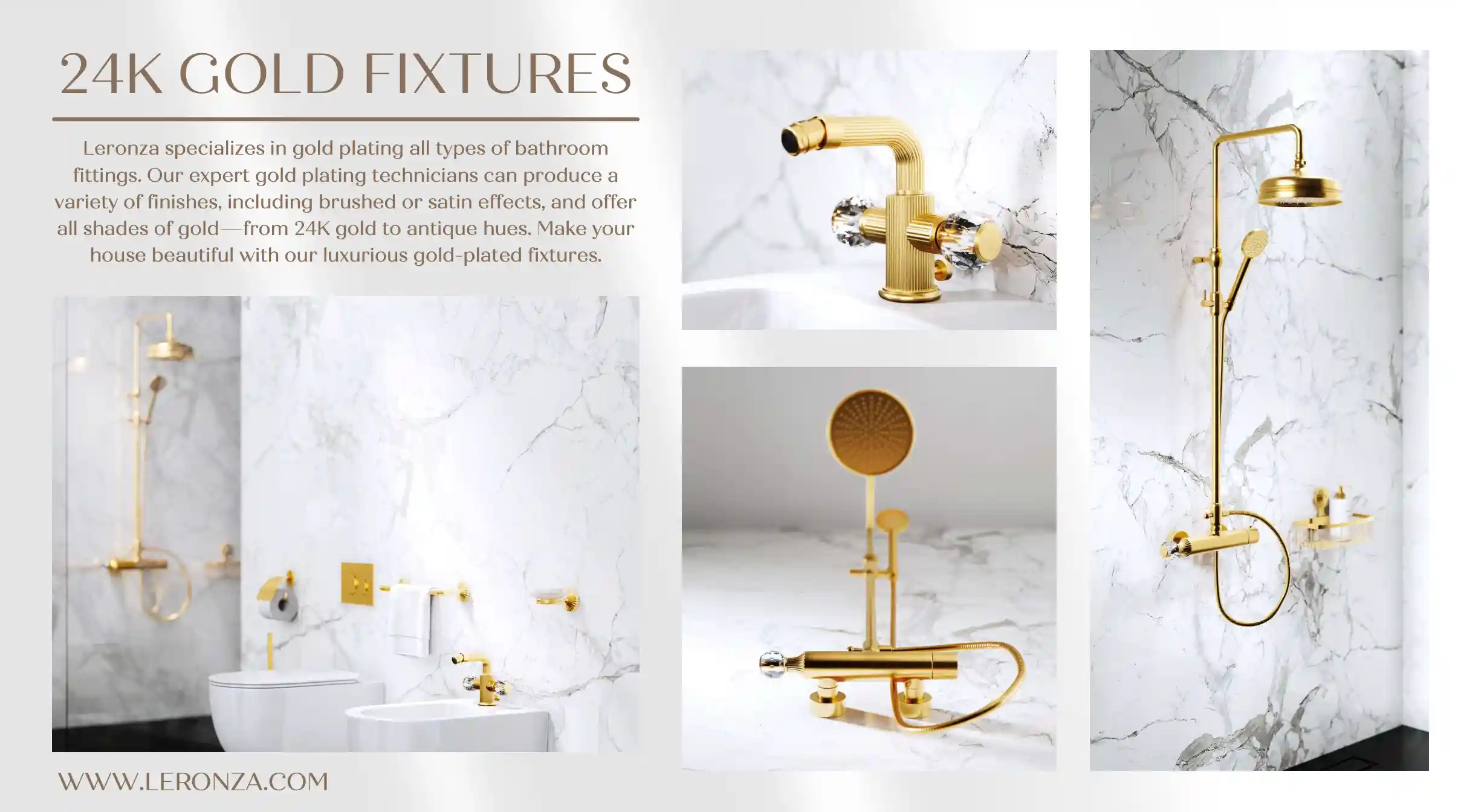 Leronza 24K gold-plated bathroom fixtures: taps, bidet mixer and rain shower in white marble bathrooms