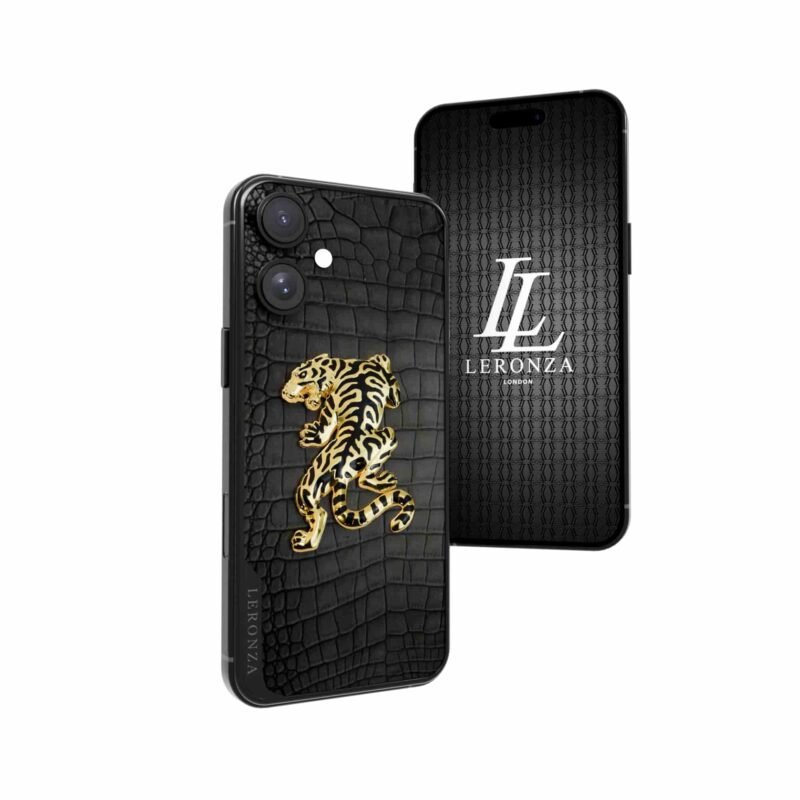 Roar iPhone 16 in black rhodium with crocodile leather and a 3D 24K gold tiger