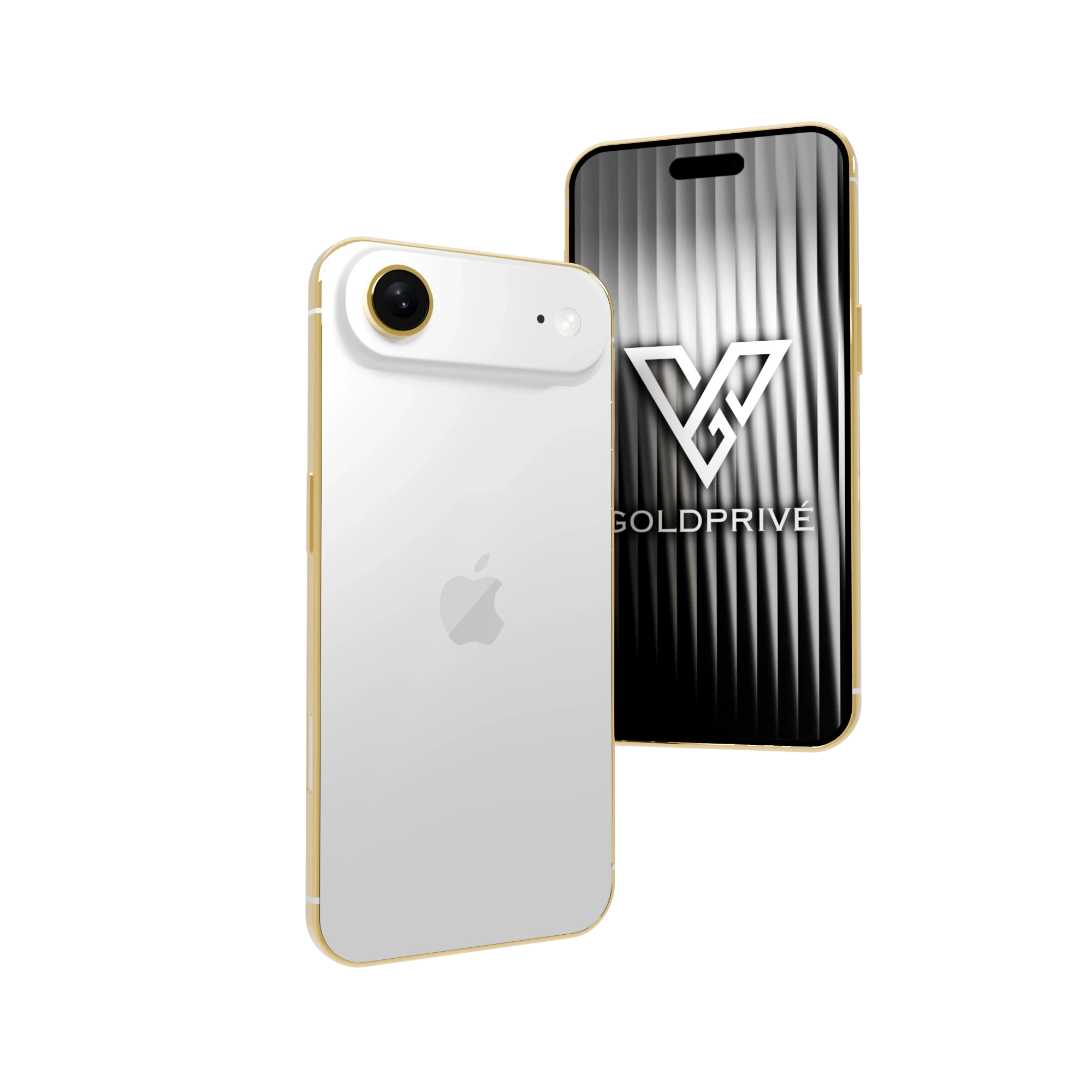 Cloud White iPhone Air Gold Frame, back and front, with a gold-plated frame and a gold lens ring