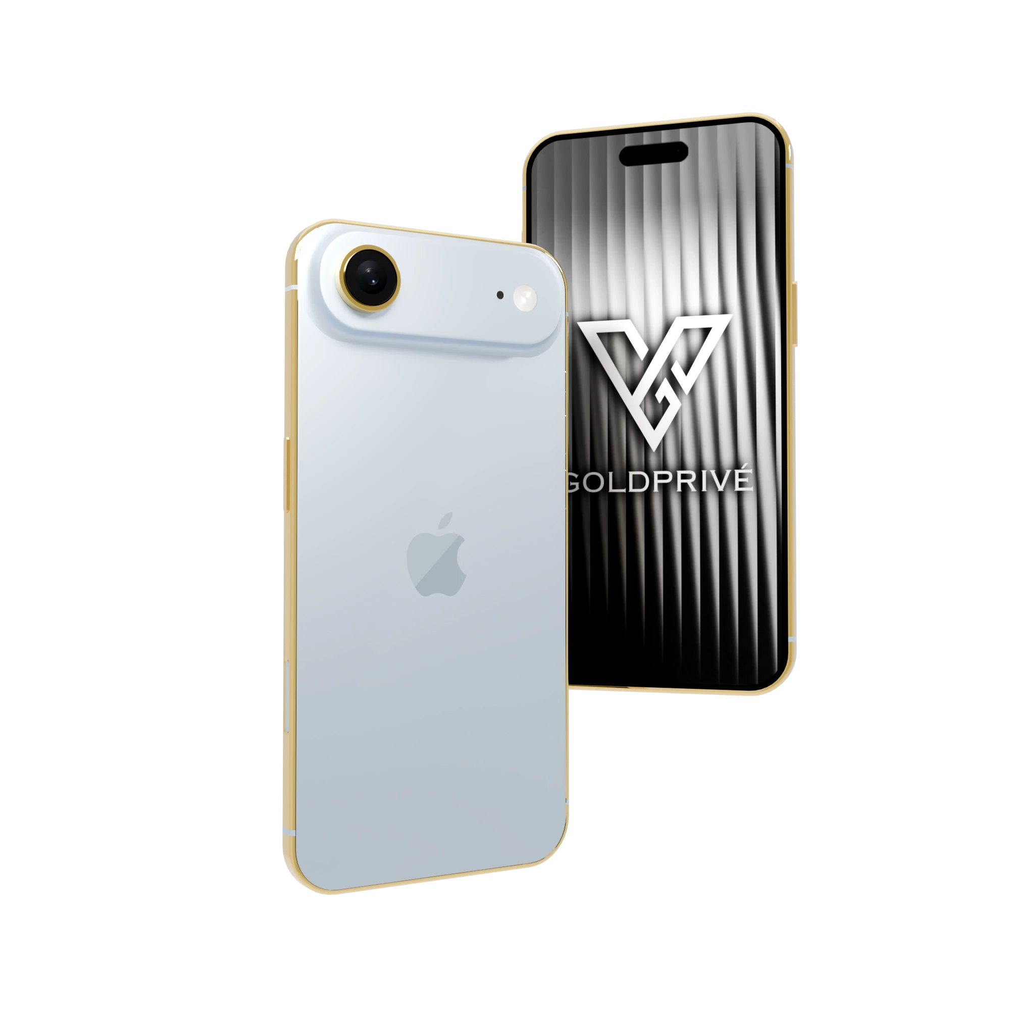 Sky Blue iPhone Air Gold Frame in rear and front views, with a gold-plated frame and a gold ring around the lens