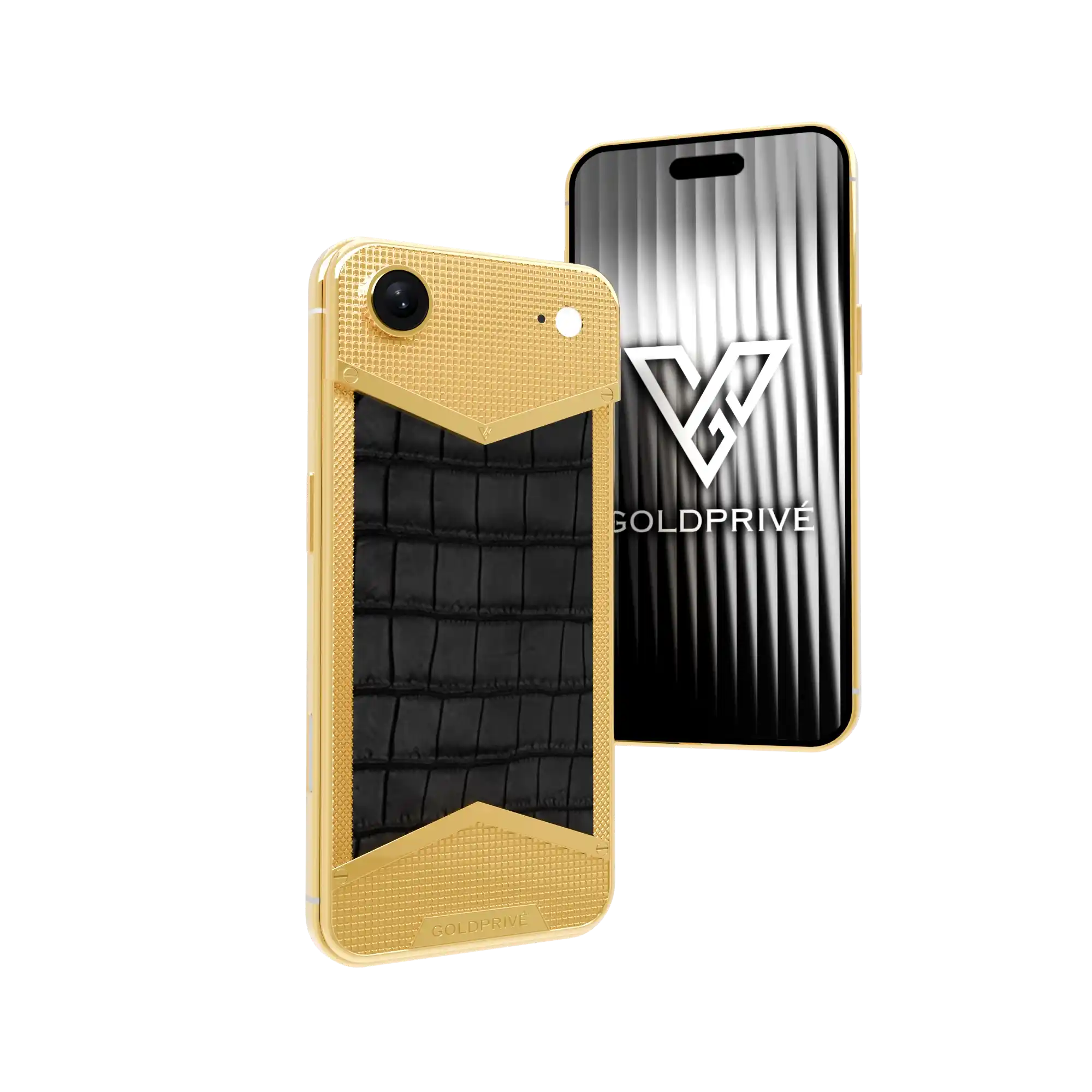 WildGrace Victory Gold iPhone Air back and front: hobnail-textured plated chevrons around black crocodile leather