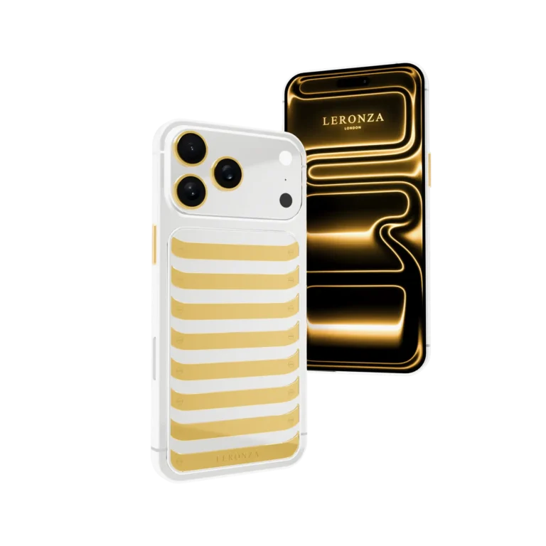 Aurique iPhone 17 Pro with horizontal 18K gold bars on a platinum back