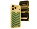 Viridian 18K gold iPhone 17 Pro with a gold chevron back over green leather