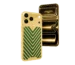 Viridian 18K solid gold iPhone 17 Pro Max with a gold chevron pattern over green leather