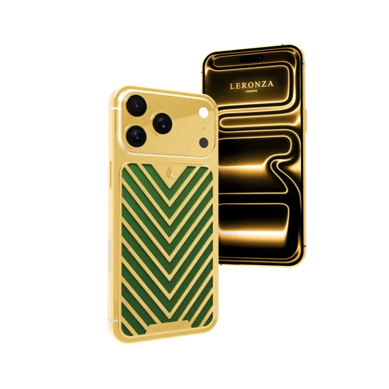 Viridian 18K gold chevron iPhone 17 Pro over green leather