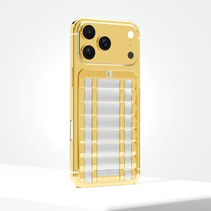 Gold iPhone 17 Pro with white ribbed panels on the back
