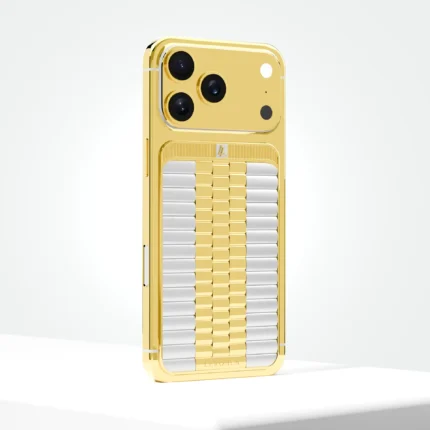 Gold iPhone 17 Pro with a link-pattern back in gold and white