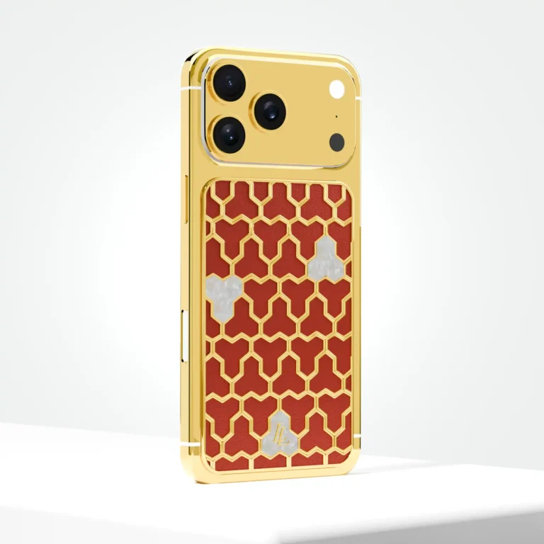 Zarqa 18K gold lattice iPhone 17 Pro with leather and mother-of-pearl inlays