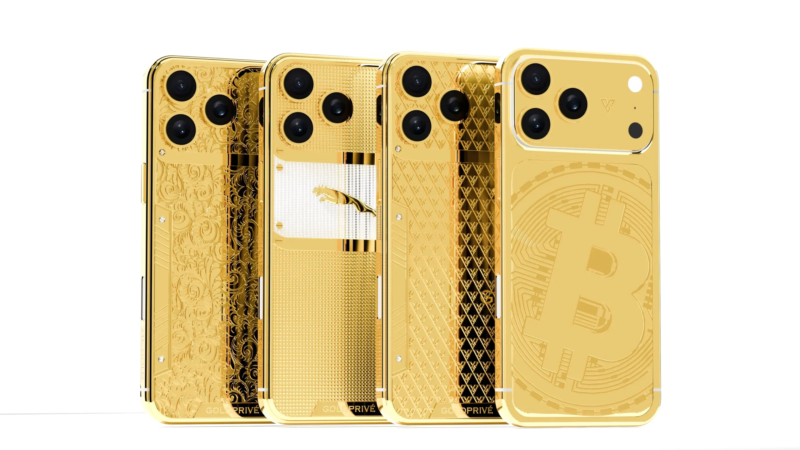 Four GoldPrivé 24K Gold iPhone 18 Pro and Pro Max editions by Leronza shown from the rear, including the Bitcoin design