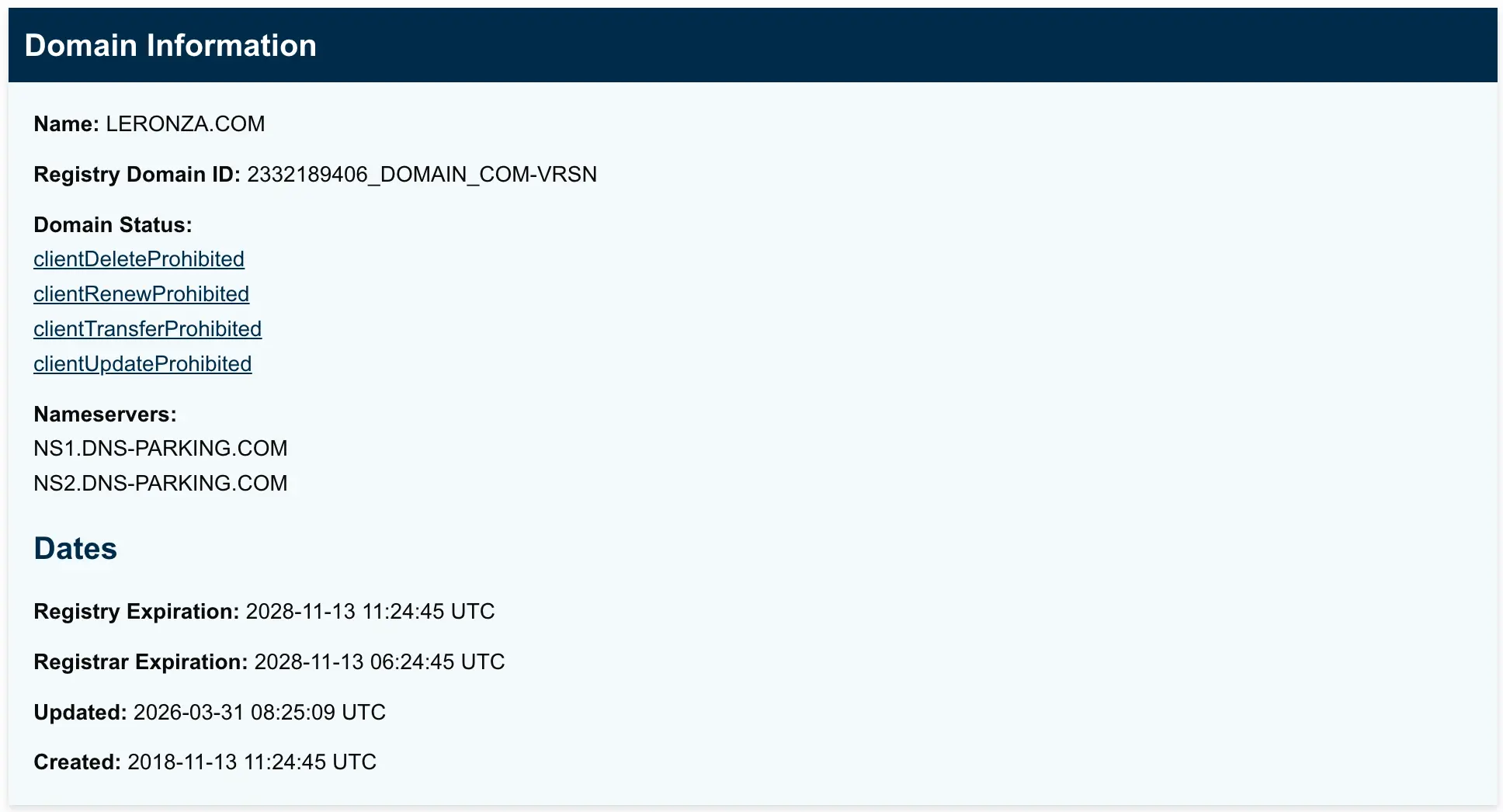 Domain registration screenshot