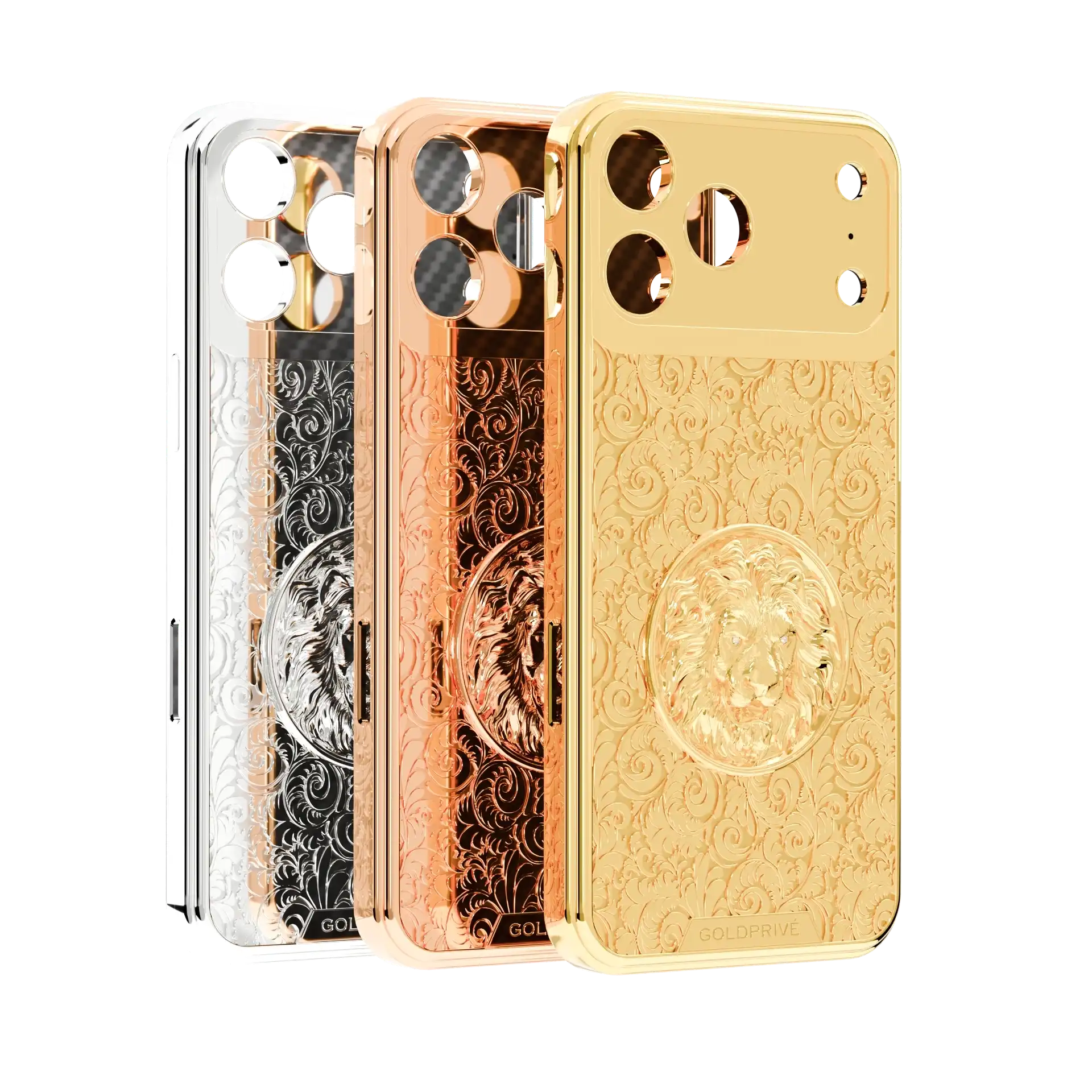 GoldPrivé Le Lion Fleur 24K Gold iPhone 18 Pro Max casing in gold, rose gold and platinum
