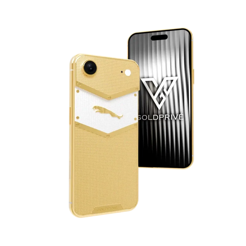 Imperial Gold iPhone Air with a leaping jaguar on a white chevron panel