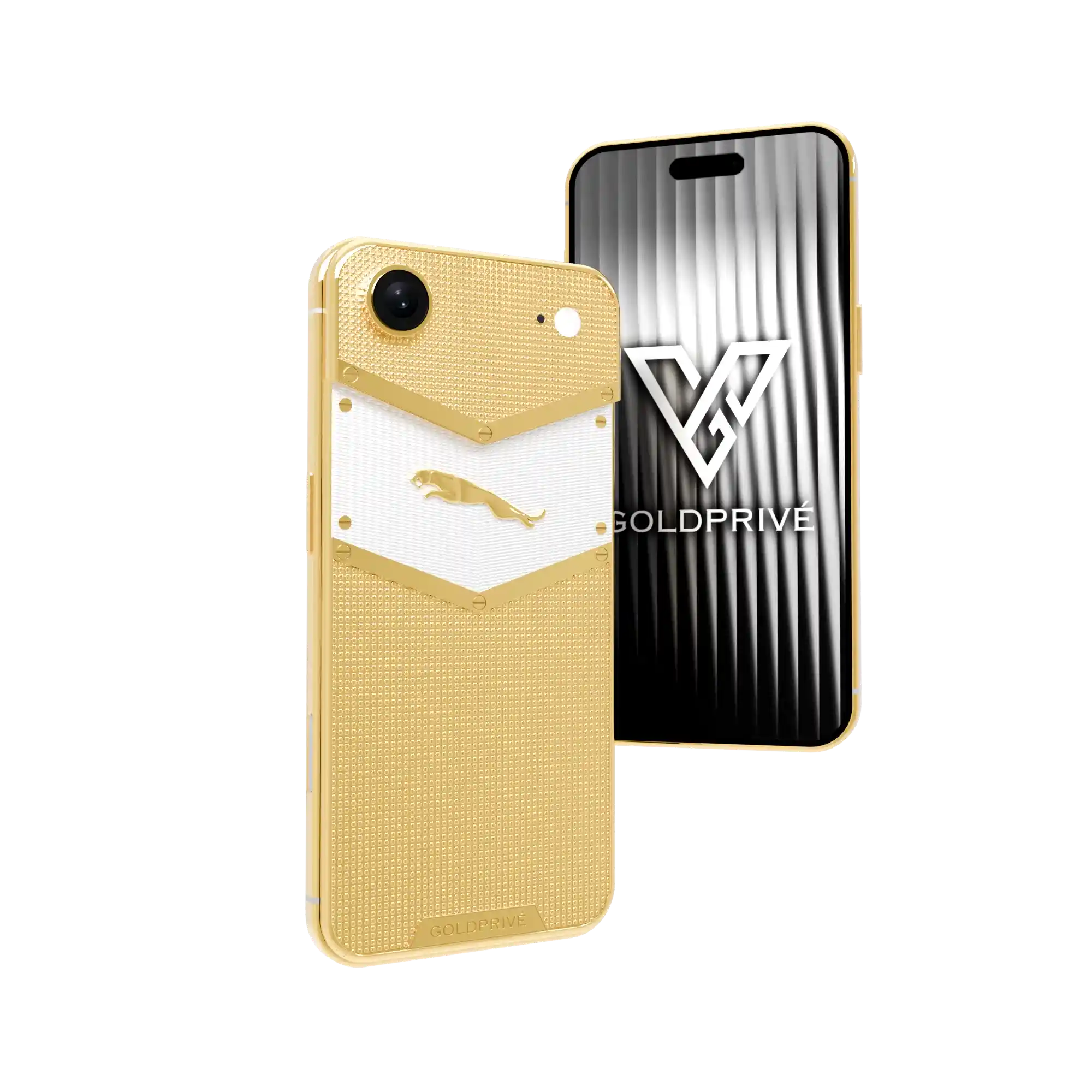 Imperial Gold iPhone Air back and front with a gold leaping jaguar on a white chevron panel