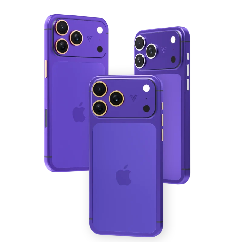 Amethyst Royale matte purple iPhone 18 Pro Max with plated camera rings and side buttons