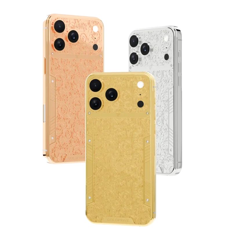 Flora Gold iPhone 18 Pro Max with baroque floral engraving across the plated back