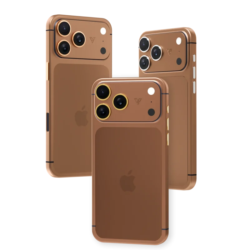 Umber Prestige matte brown iPhone 18 Pro Max with plated camera rings and side buttons