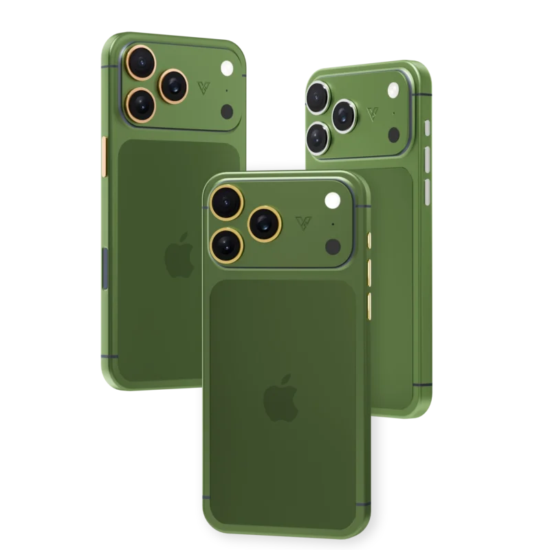 Verdant Supreme matte green iPhone 18 Pro Max with plated camera rings and side buttons