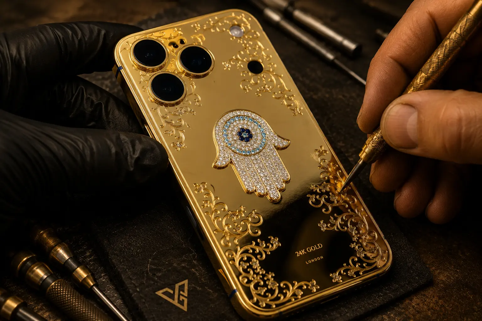 Leronza artisan finishing a custom gold iPhone in the Dubai atelier