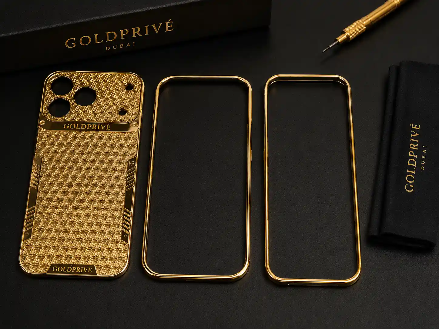 GoldPrivé Pyramid 24K Gold iPhone 18 Pro Max casing, hand-finished in Dubai