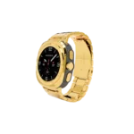 Gold Samsung Galaxy Watch Ultra2 Elite Strap with its plated bezel and buttons on a polished link bracelet