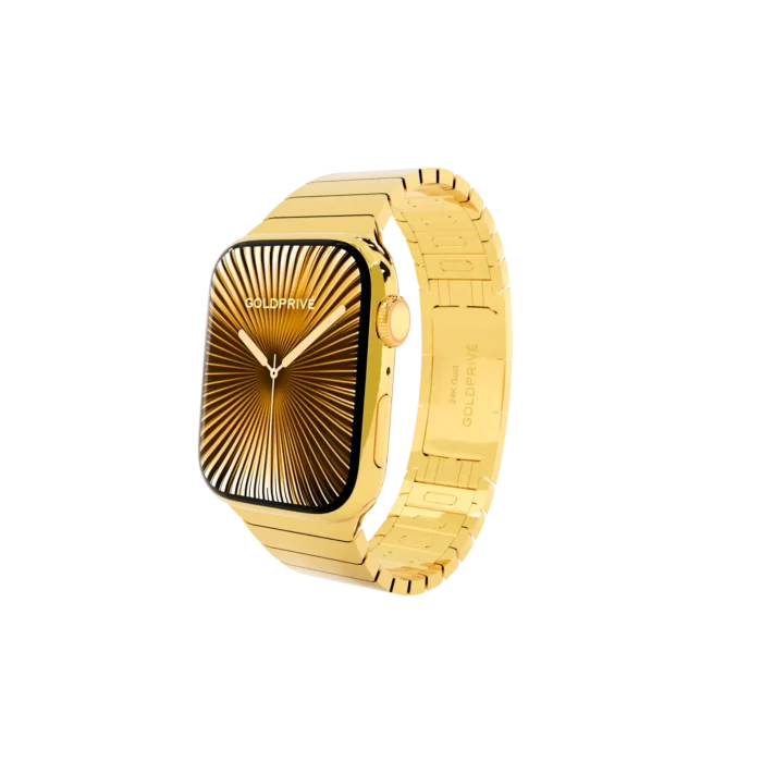 Elite Strap.02 Gold Apple Watch Series 12 Elite Strap in 24K Gold with a matching polished link bracelet