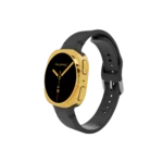 Gold Samsung Galaxy Watch9 Black Sport Band with a 24K Gold case on Samsung's black band