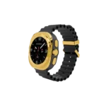 Gold Samsung Galaxy Watch Ultra2 Grey Marine Band with its plated bezel and buttons on the dark grey ribbed band