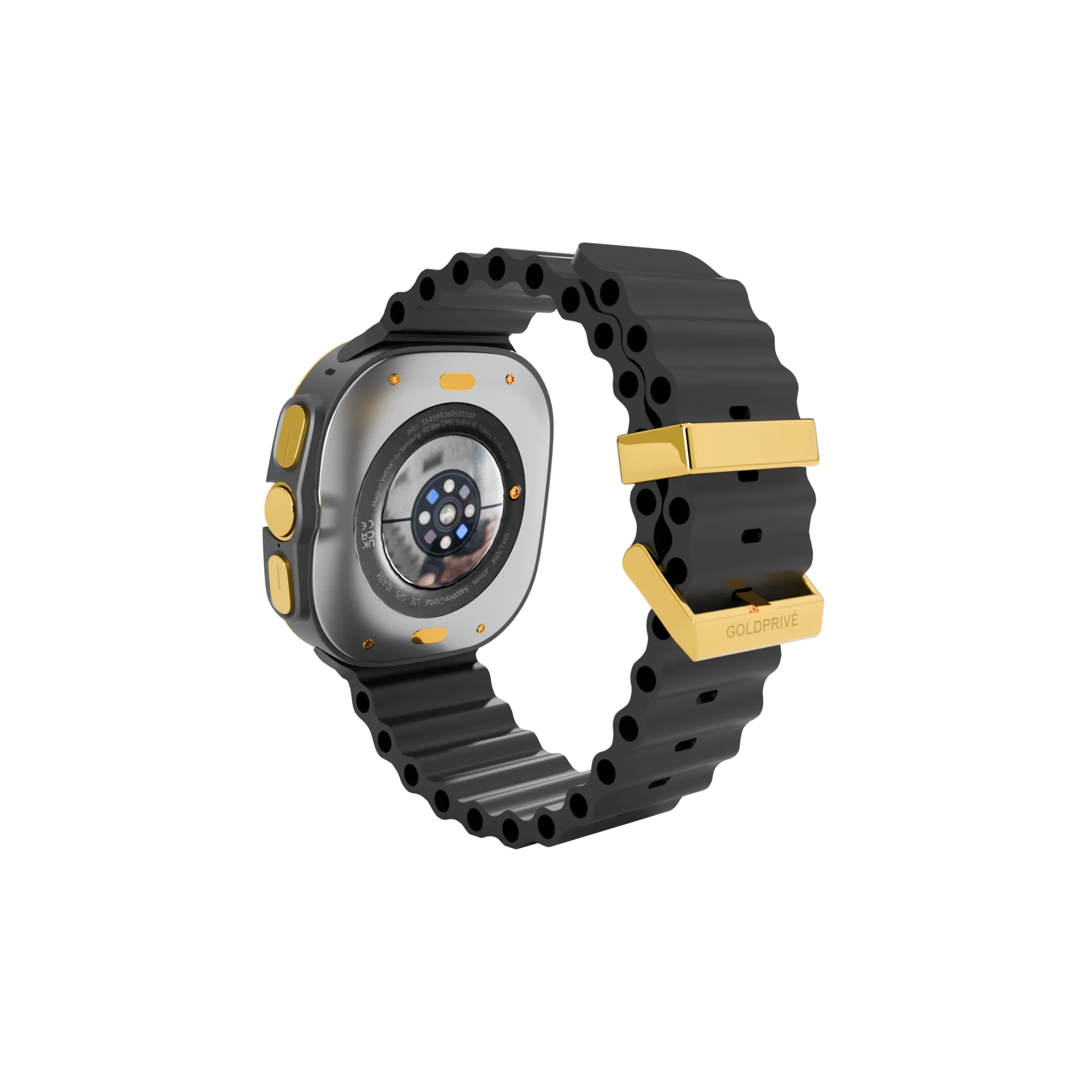 Gold Samsung Galaxy Watch Ultra2 Grey Marine Band rear view showing Samsung's sensor back, the titanium case and the plated buckle and loop