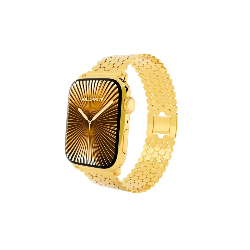 Gold Apple Watch Series 12 Heritage Strap in 24K Gold on a bracelet of small honeycomb links