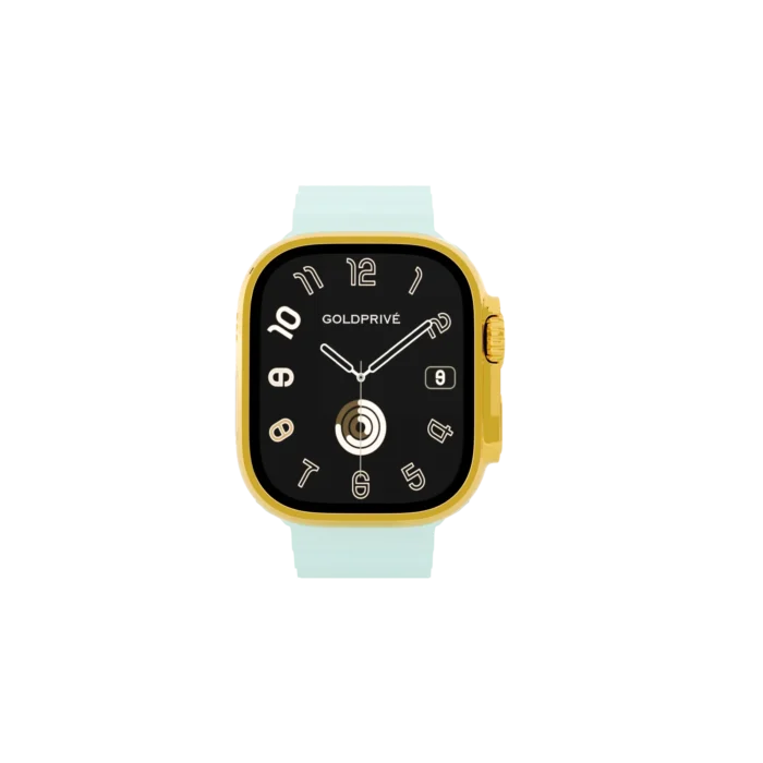 Gold Apple Watch Ultra 4 with White Ice Blue Ocean Band – Gold, Rose Gold & Platinum - Image 2