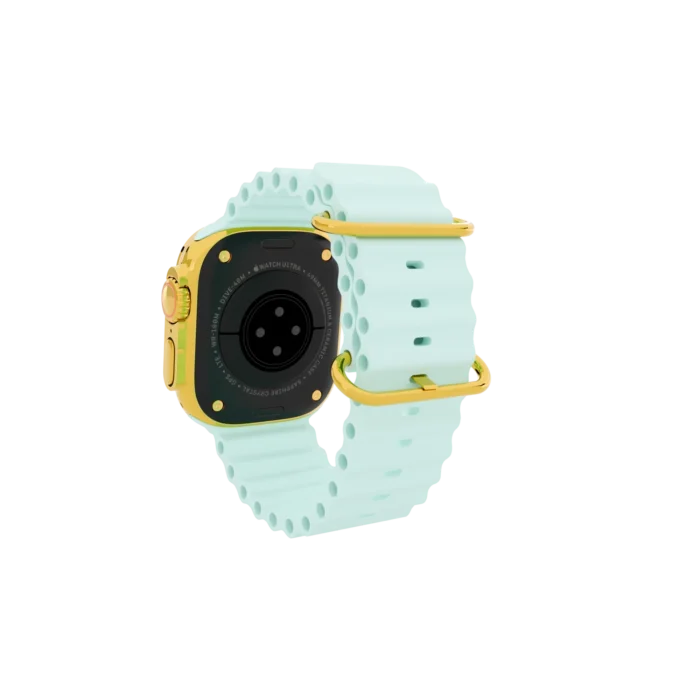 Gold Apple Watch Ultra 4 with White Ice Blue Ocean Band – Gold, Rose Gold & Platinum - Image 3