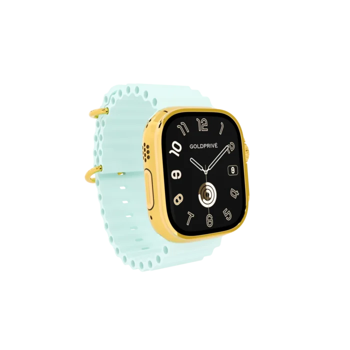 Gold Apple Watch Ultra 4 with White Ice Blue Ocean Band – Gold, Rose Gold & Platinum - Image 4