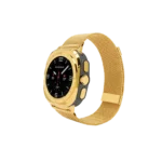 Gold Samsung Galaxy Watch Ultra2 Milanese Strap with its plated bezel and buttons on a fine gold mesh band