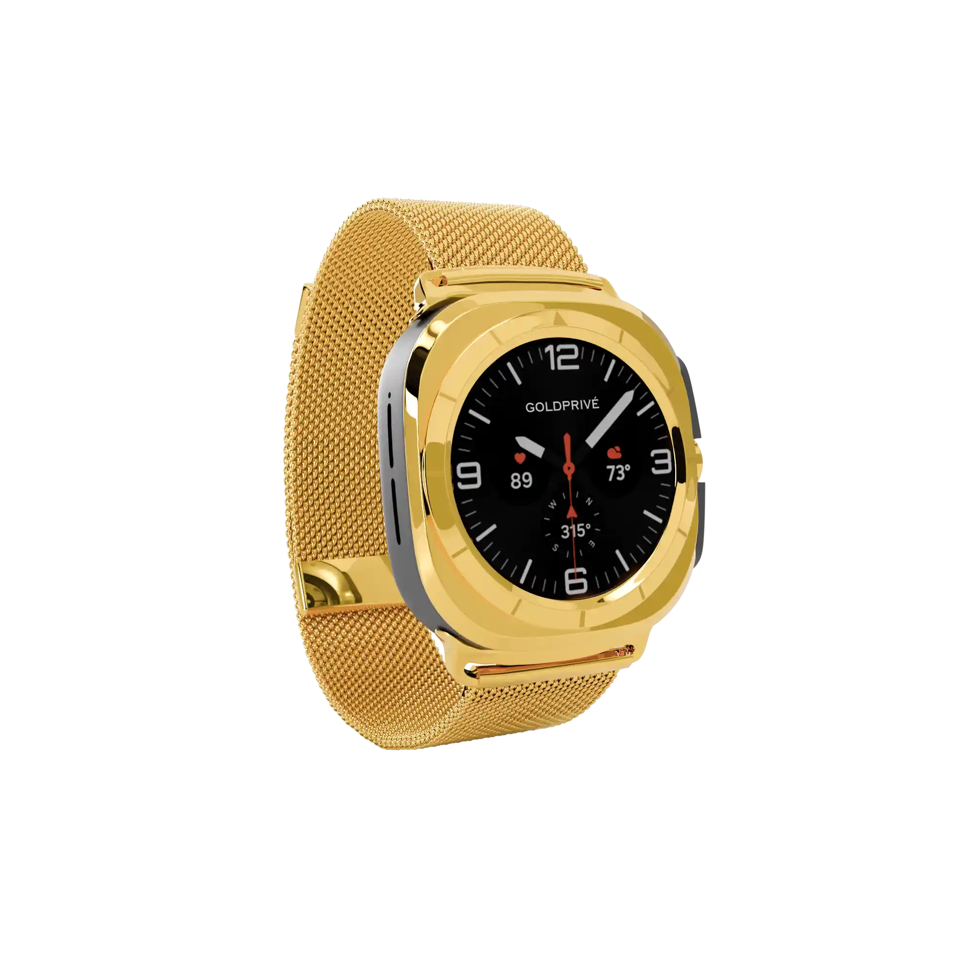 Gold Samsung Galaxy Watch Ultra2 Milanese Strap in a three-quarter front view, with the plated bezel, a titanium case side and the woven mesh