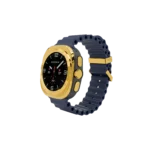 Gold Samsung Galaxy Watch Ultra2 Navy Marine Band showing the plated bezel and buttons against the navy ribbed band