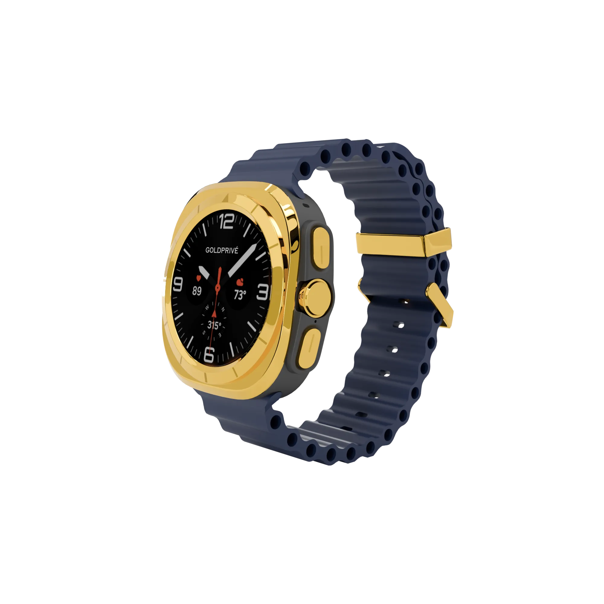 Gold Samsung Galaxy Watch Ultra2 Navy Marine Band showing the plated bezel and buttons against the navy ribbed band