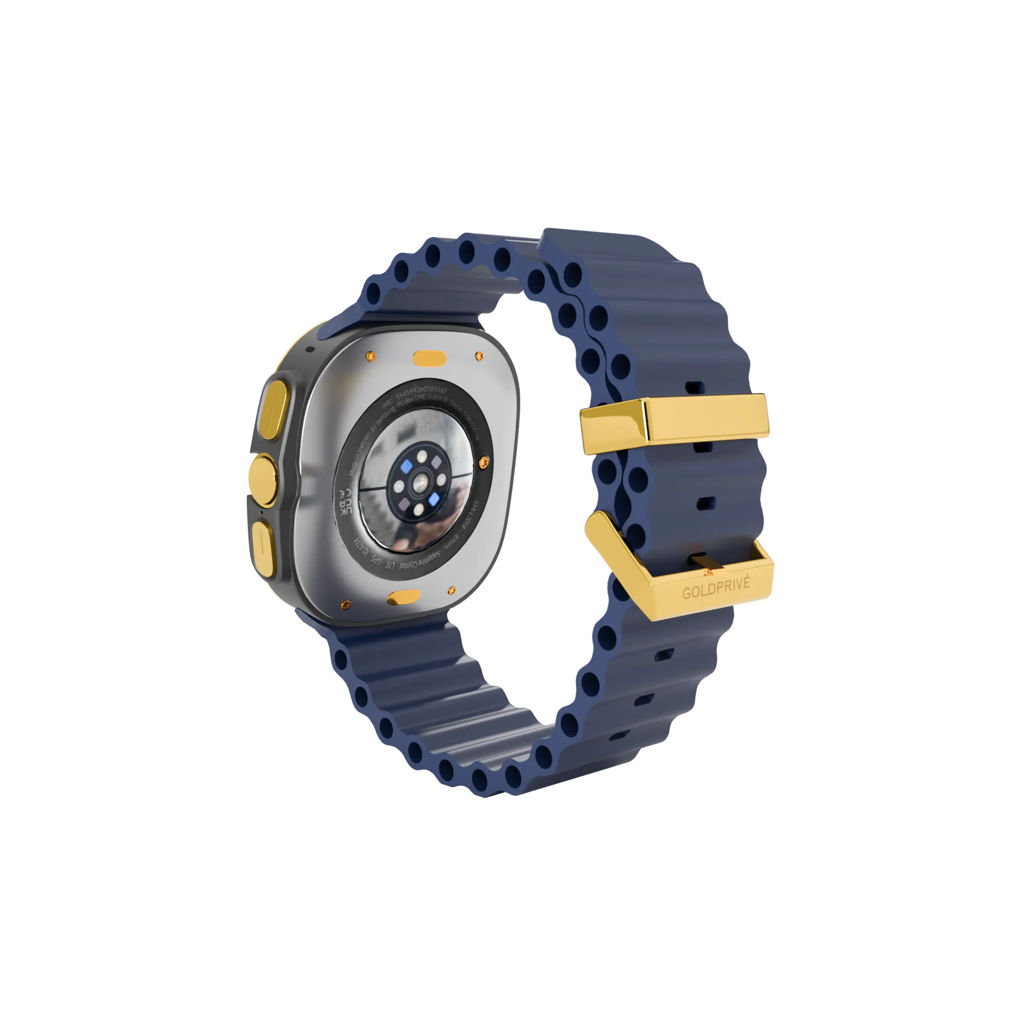 Gold Samsung Galaxy Watch Ultra2 Navy Marine Band from behind, with Samsung's sensor back, the titanium case and the plated buckle and loop