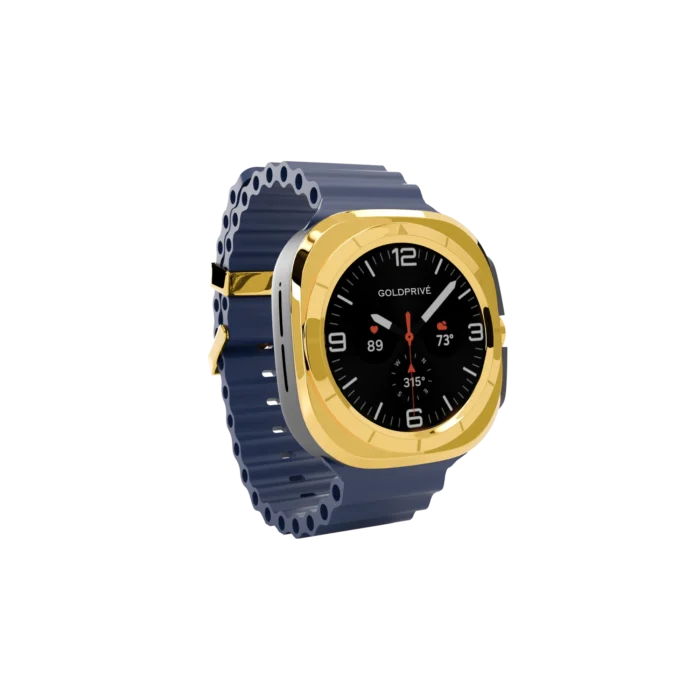 Gold Samsung Galaxy Watch Ultra2 Navy Marine Band shown from another angle